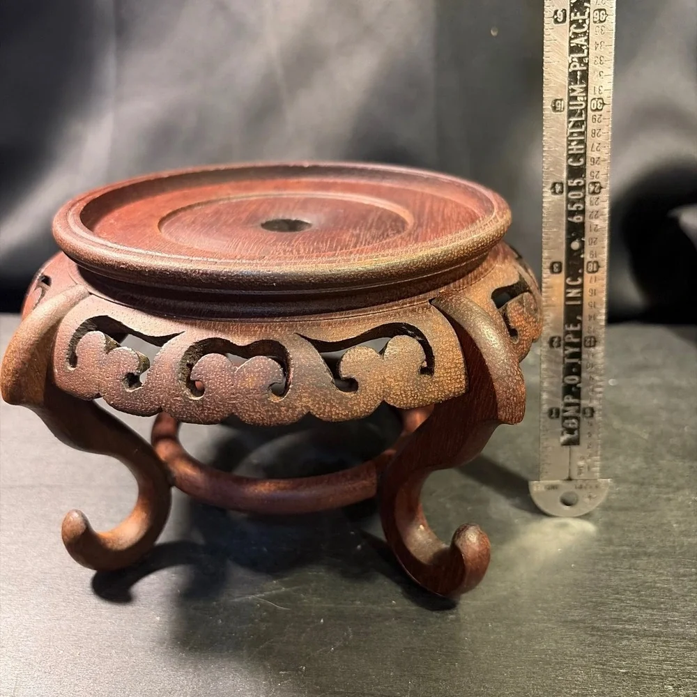 Vintage Carved Wood Pedestal Stand Ornate Asian Style Vase Riser 4.5 Inch